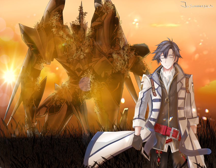 1boy absurdres artist_name black_hair closed_eyes coat commission eiyuu_densetsu english_commentary english_text floating_clothes gradient_sky grass highres kneeling mecha on_one_knee open_clothes open_coat parted_bangs pixiv_commission rean_schwarzer robot sen_no_kiseki sen_no_kiseki_iii sky smile sunset tall_grass valimar vanillahare