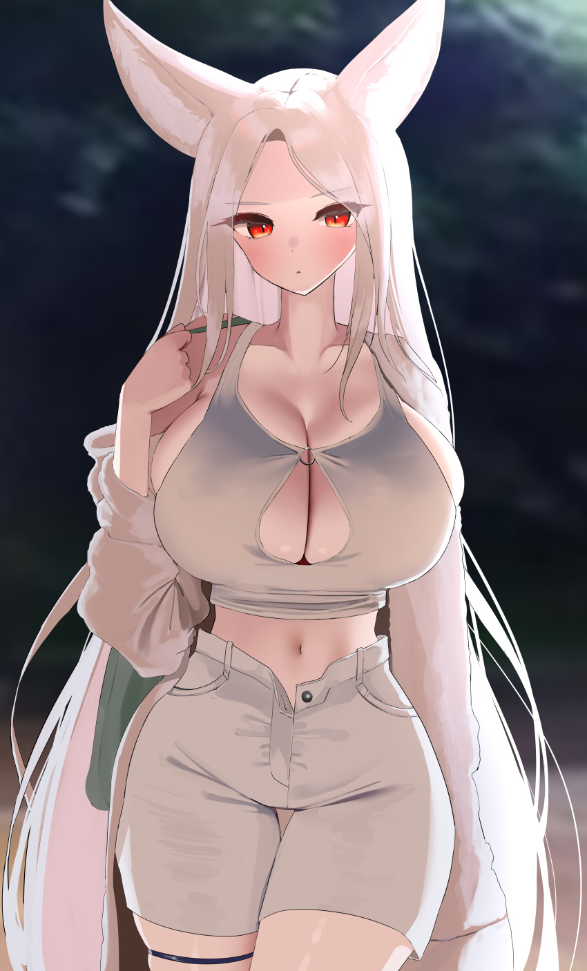 1girl absurdres animal_ears blush breasts collarbone frown grey_jacket grey_shorts hand_on_own_shoulder head_tilt highres huge_breasts jacket long_hair looking_at_viewer midriff navel nicorima off_shoulder open_clothes open_shorts original red_eyes shorts skindentation solo thigh_strap very_long_hair white_background wide_hips