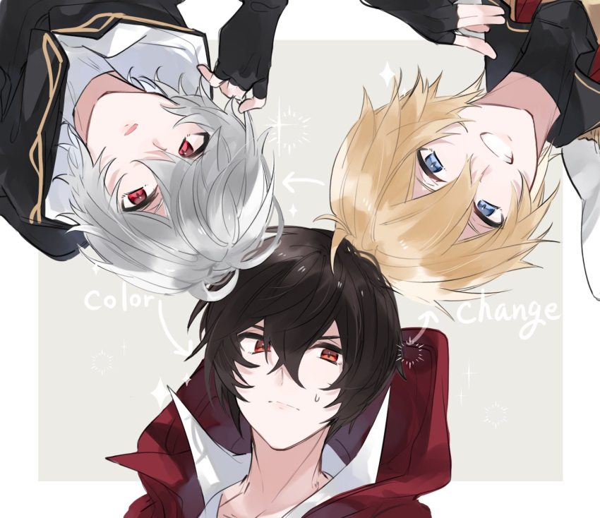 3boys :d ahoge albert_(shingeki_no_bahamut) alternate_hair_color blonde_hair brown_hair fingerless_gloves gloves granblue_fantasy hair_between_eyes highres hood hood_down jacket light_frown lucifer_(shingeki_no_bahamut) male_focus messy_hair multiple_boys palette_swap parted_lips popped_collar red_jacket sandalphon_(granblue_fantasy) simple_background smile sweatdrop turtleneck white_hair yakota_(usuk-yako)