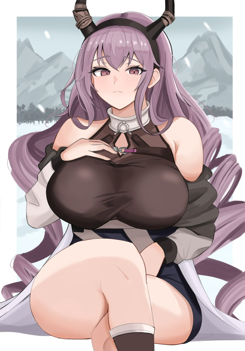1girl arknights black_hairband black_shirt blush breasts chest_strap closed_mouth commentary crossed_legs drill_hair fake_horns feet_out_of_frame framed_breasts grey_jacket hairband hand_on_own_chest highres horn_hairband horns jacket large_breasts long_hair looking_at_viewer mountain o-ring off_shoulder open_clothes open_jacket purple_eyes purple_hair shirt sitting sleeveless sleeveless_shirt snowing solo tenten_(1010haka) typhon_(arknights) very_long_hair