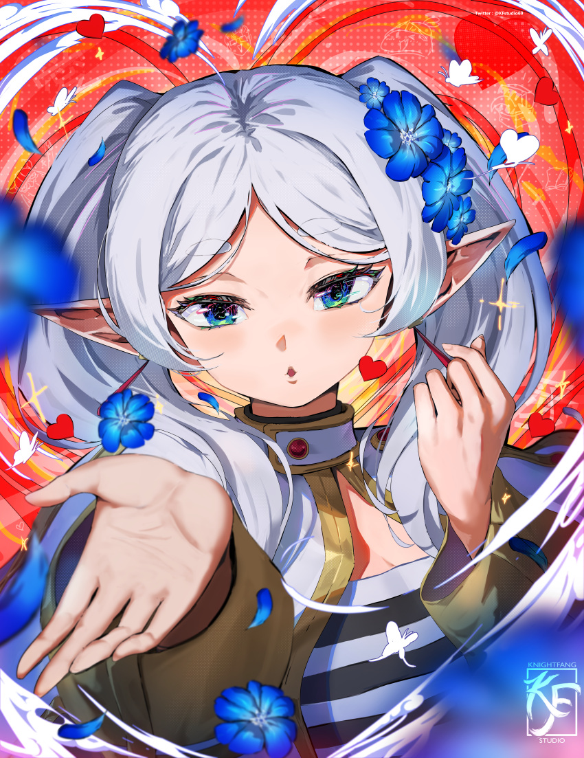 1girl absurdres artist_logo artist_name black_shirt blue_eyes blue_flower capelet earrings elf eyelashes falling_petals flower frieren frieren_blowing_a_kiss_(meme) gold_trim grey_hair hair_flower hair_ornament heart highres jewelry knightfang meme parted_bangs parted_lips petals pointy_ears shirt solo sousou_no_frieren striped_clothes striped_shirt twintails twitter_username upper_body white_capelet white_shirt