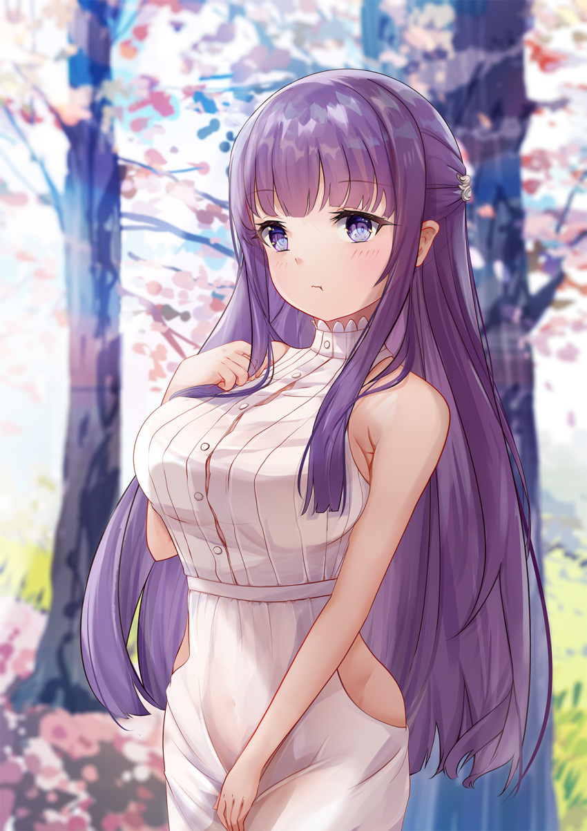 1girl :t bare_arms bare_shoulders blurry blurry_background blush breasts closed_mouth commentary_request day depth_of_field dress fern_(sousou_no_frieren) hand_up highres hip_vent large_breasts long_hair looking_at_viewer mutang outdoors petals pout purple_eyes purple_hair sleeveless sleeveless_dress solo sousou_no_frieren tree very_long_hair white_dress
