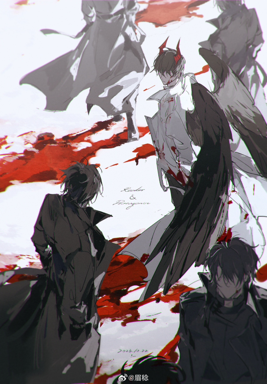 5boys absurdres angel_wings belt black_belt black_coat black_hair black_pants black_sleeves black_wings blood blood_on_clothes blood_on_face character_name character_request check_character chinese_commentary clone closed_mouth coat coattails commentary_request demon_horns english_text expressionless faceless faceless_male feathered_wings hair_over_eyes hands_in_pockets highres horns kim_dokja lab_coat long_sleeves male_focus mei_ren multiple_boys omniscient_reader's_viewpoint open_clothes open_coat pants pool_of_blood red_horns short_hair watermark weibo_logo weibo_username white_background white_sleeves wings yoo_joonghyuk