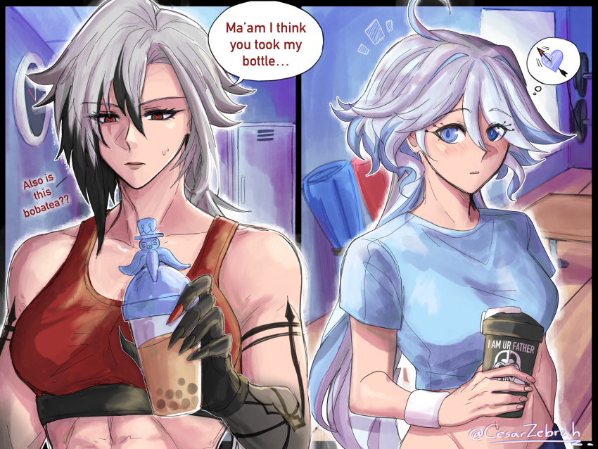 2girls arlecchino_(genshin_impact) arm_tattoo bare_shoulders black_eyes black_hair blue_eyes blue_hair blue_shirt breasts bubble_tea cesar_zebrah commentary crop_top darth_vader furina_(genshin_impact) genshin_impact grey_hair heart highres indoors long_hair medium_breasts midriff multicolored_hair multiple_girls shirt short_sleeves sports_bra star_wars stomach streaked_hair tattoo thought_bubble very_long_hair wristband