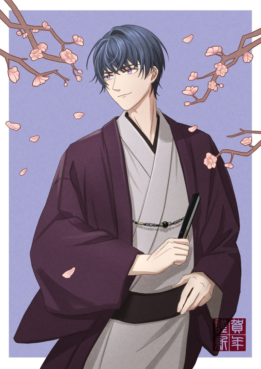 1boy absurdres bel_3001 black_hair blue_background branch commentary_request flower folded_fan folding_fan grey_kimono hair_between_eyes hand_fan highres holding holding_fan japanese_clothes kimono long_sleeves looking_to_the_side male_focus marius_von_hagen_(tears_of_themis) obi open_clothes petals pink_flower purple_eyes sash solo tears_of_themis two-tone_background white_background wide_sleeves