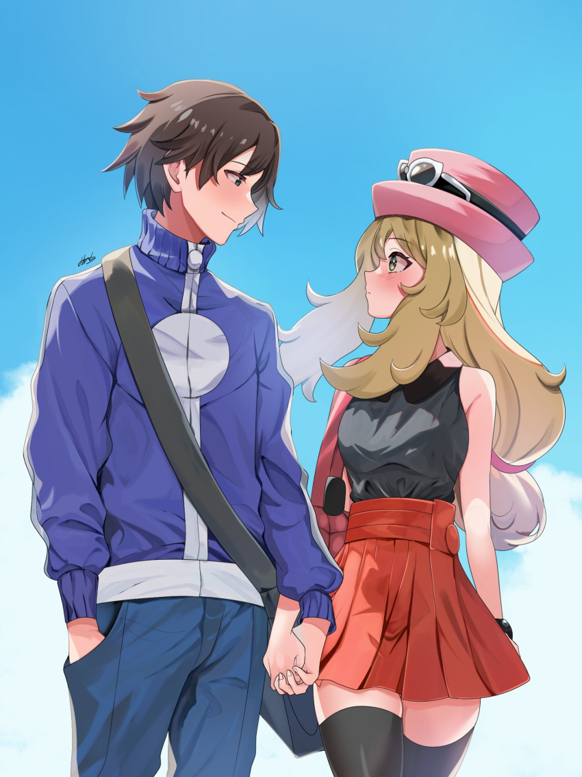 1boy 1girl bag black_thighhighs blonde_hair blue_jacket blue_pants blue_sky blush brown_hair calem_(pokemon) closed_mouth cloud commentary_request eye_contact eyewear_on_head green_eyes hand_in_pocket handbag hetero highres holding_hands jacket long_hair looking_at_another outdoors pants pink_bag pink_hat pleated_skirt pokemon pokemon_xy red_skirt serena_(pokemon) short_hair shoulder_bag skirt sky smile sunglasses syainu_moco thighhighs walking white-framed_eyewear