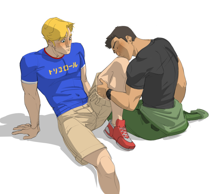 2boys absurdres ao_isami bara black_hair blonde_hair blush couple dark-skinned_male dark_skin facial_hair finger_under_clothes highres knee_up lewis_smith male_focus medium_sideburns multiple_boys pretentiousfork shirt shorts sideburns_stubble sitting stubble t-shirt thick_eyebrows toned toned_male white_background yaoi yuuki_bakuhatsu_bang_bravern