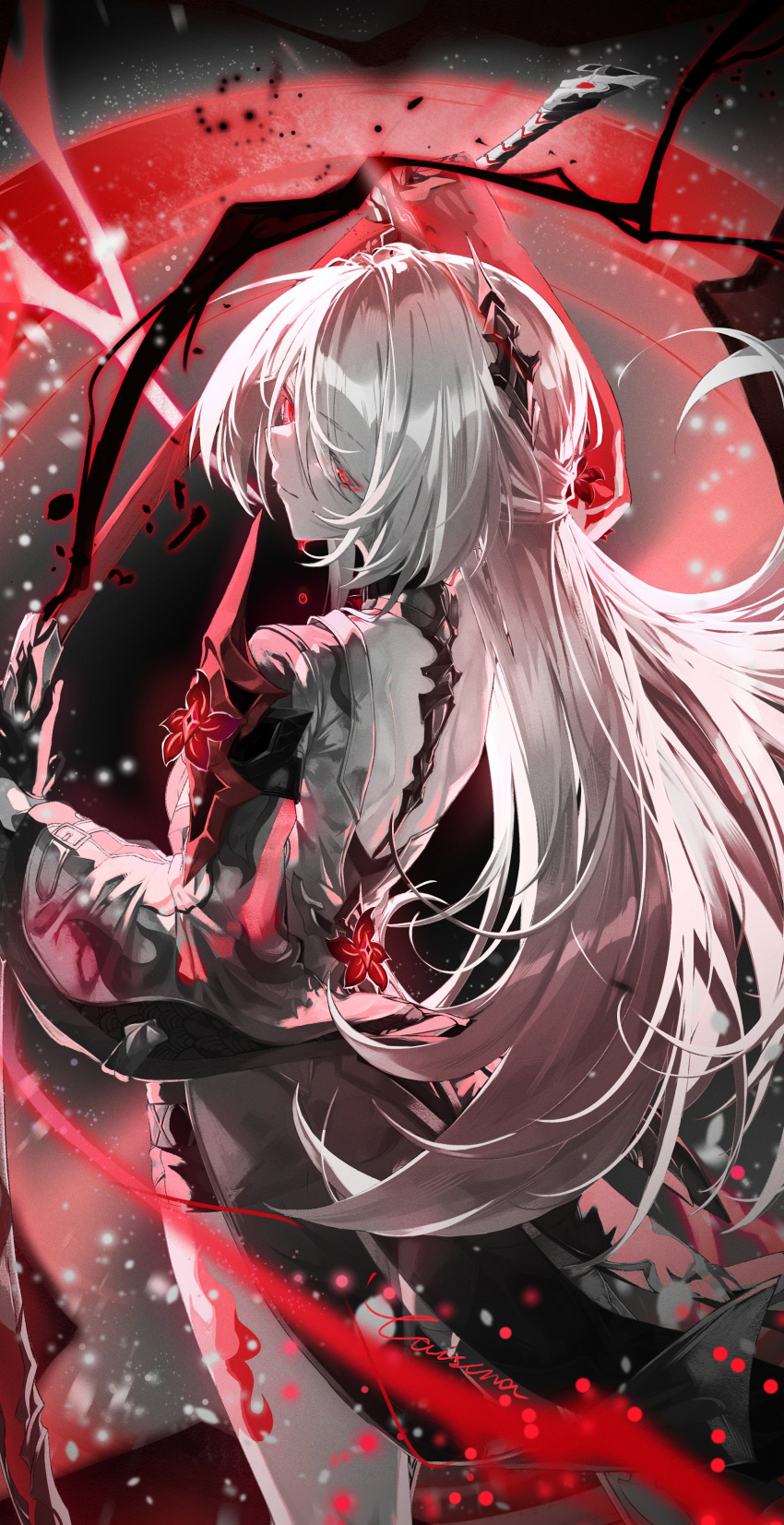 1girl absurdres acheron_(honkai:_star_rail) bare_back caisena coat commentary_request cowboy_shot grey_hair highres holding holding_sword holding_weapon honkai:_star_rail honkai_(series) katana leg_tattoo long_hair long_sleeves looking_at_viewer official_alternate_color red_eyes scabbard sheath smile solo standing sword tattoo thighs unsheathing very_long_hair weapon white_coat