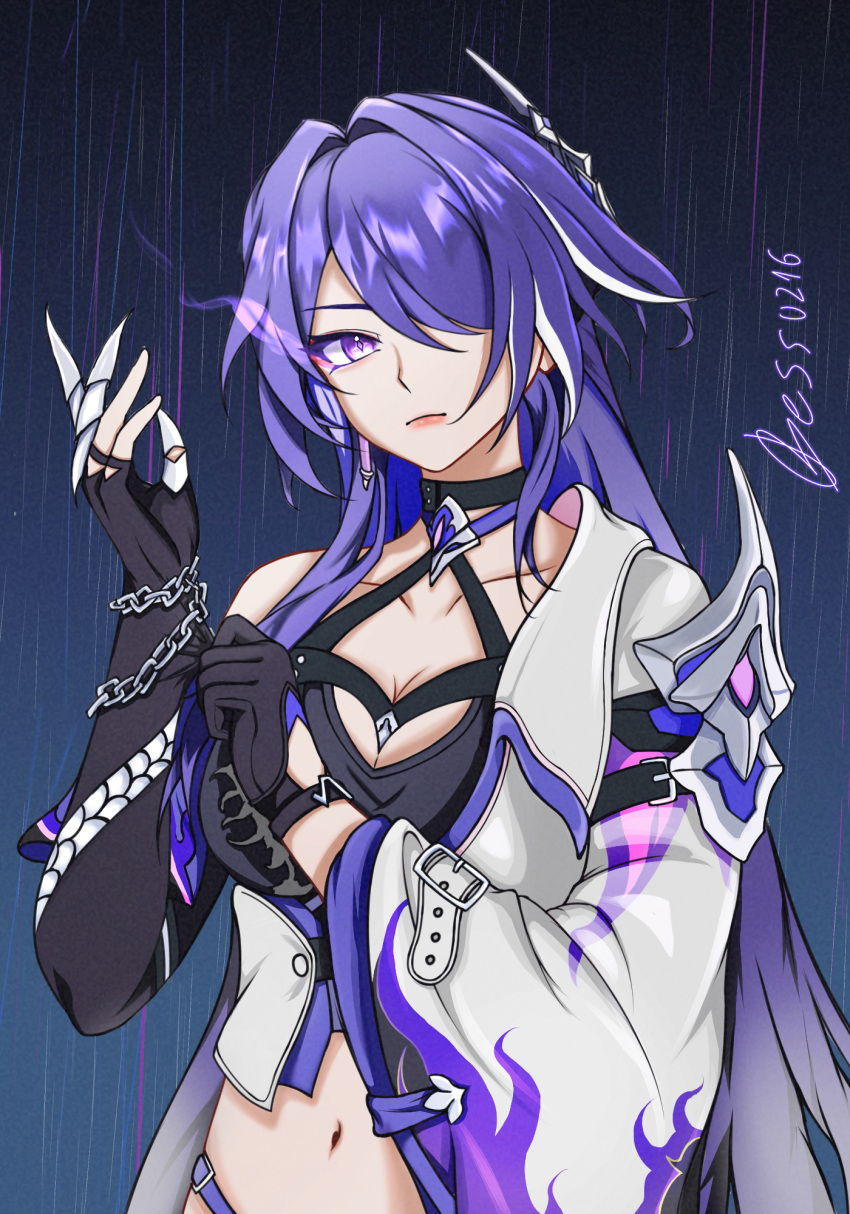 1girl acheron_(honkai:_star_rail) armor asymmetrical_gloves bessu216 black_choker black_gloves blue_background chain choker coat commentary elbow_gloves gloves hair_intakes hair_ornament hair_over_one_eye halterneck highres honkai:_star_rail honkai_(series) long_hair long_sleeves looking_at_viewer midriff multicolored_hair navel purple_eyes purple_hair shoulder_armor single_bare_shoulder single_sleeve solo streaked_hair upper_body very_long_hair white_coat white_hair