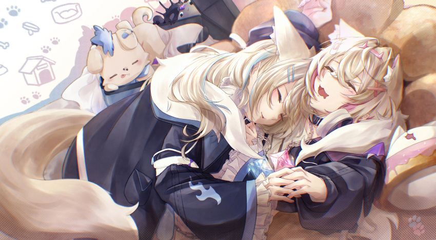2girls absurdres animal_ear_fluff animal_ears bandaid bandaid_hair_ornament belt_collar black_collar black_jacket blonde_hair blue_hair closed_eyes collar cropped_jacket cropped_shirt dog_ears dog_girl dog_tail drooling fang fur-trimmed_jacket fur_trim fuwawa_abyssgard fuwawa_abyssgard_(1st_costume) hair_ornament hairpin headphones headphones_around_neck highres hitsuki_(grace89121522) hololive hololive_english interlocked_fingers jacket long_hair medium_hair mococo_abyssgard mococo_abyssgard_(1st_costume) mouth_drool multicolored_hair multiple_girls open_mouth pink_hair ruffian_(fuwamoco) shirt siblings sisters sleeping sleeping_on_person streaked_hair tail twins virtual_youtuber white_shirt x_hair_ornament