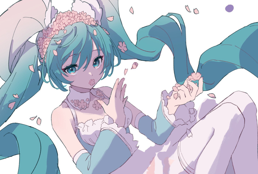 1girl aqua_eyes aqua_hair aqua_sleeves cherry_blossoms collar commentary_request detached_collar detached_sleeves dress falling_petals feet_out_of_frame floating gradient_hair hatsune_miku head_wreath highres holding holding_petal long_hair looking_at_viewer multicolored_hair petal_on_face petals shirane_rine simple_background solo thighhighs twintails very_long_hair vocaloid white_background white_collar white_hair white_thighhighs