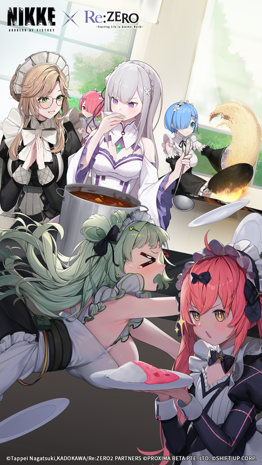 6+girls ade_(nikke) ahoge artist_request black_dress black_ribbon blue_eyes blue_hair blunt_bangs blush bow breasts brown_eyes clumsy cocoa_(nikke) commentary cooking copyright_name cropped crossover crying cutting_board day detached_sleeves dress emilia_(re:zero) english_commentary english_text fire floating_hair food fried_rice fried_rice_prank_(meme) frilled_sleeves frills from_side gem glasses gloves goddess_of_victory:_nikke green_eyes green_gemstone green_hair grey_hair hair_bow hair_ornament hair_over_one_eye hairclip hands_up highres holding holding_ladle indoors juliet_sleeves ladle large_breasts long_hair long_sleeves looking_at_another looking_back maid_headdress meat medium_breasts meme multiple_girls neck_ribbon official_art open_mouth pink_hair plate profile puffy_sleeves purple_eyes ram_(re:zero) re:zero_kara_hajimeru_isekai_seikatsu red_eyes rem_(re:zero) ribbon roswaal_mansion_maid_uniform salad second-party_source short_hair soda_(nikke) spice steepled_fingers symbol-shaped_pupils tears thighhighs thighs tripping v-shaped_eyebrows white_dress white_gloves white_thighhighs wide_sleeves window wok x_hair_ornament