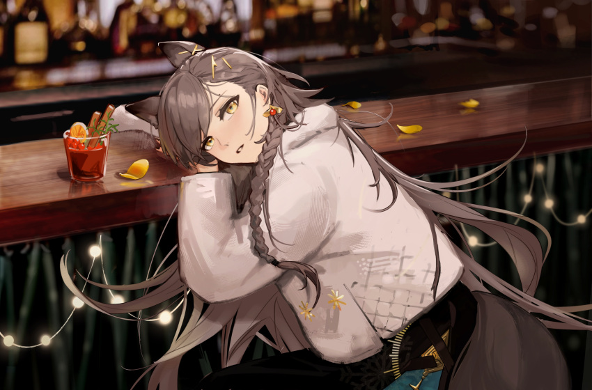 1girl absurdres animal_ears arin_(aaua8438) arknights bar_(place) blurry blurry_background braid brown_hair brown_tail counter cowboy_shot cup drink drinking_glass floating_hair food fruit hair_ornament hairclip highres indoors jacket leaning leaning_to_the_side long_hair long_sleeves looking_at_viewer mole mole_above_eye mole_on_forehead official_alternate_costume orange_(fruit) orange_slice parted_lips penance_(arknights) penance_(occasionally_flushed)_(arknights) reflection sitting solo string_of_light_bulbs tail white_jacket yellow_eyes