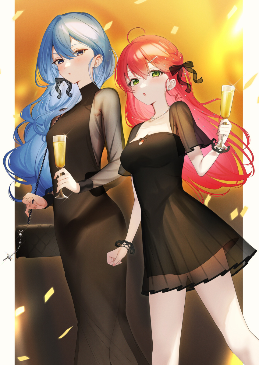 2girls :o absurdres ahoge alternate_costume alternate_hairstyle bag black_dress blue_eyes blue_hair blush breasts closed_mouth collarbone commentary confetti cup double-parted_bangs dress ear_piercing earrings feet_out_of_frame green_eyes hair_between_eyes hair_ornament hair_over_shoulder hair_ribbon handbag highres holding holding_cup hololive hoshimachi_suisei jewelry kuma_daigorou layered_dress long_hair long_sleeves looking_at_viewer multiple_girls necklace piercing pillarboxed pink_hair ribbon sakura_miko see-through see-through_dress_layer see-through_sleeves short_dress short_sleeves simple_background small_breasts standing star_(symbol) star_in_eye symbol_in_eye turtleneck_dress virtual_youtuber wavy_hair white_background wrist_cuffs