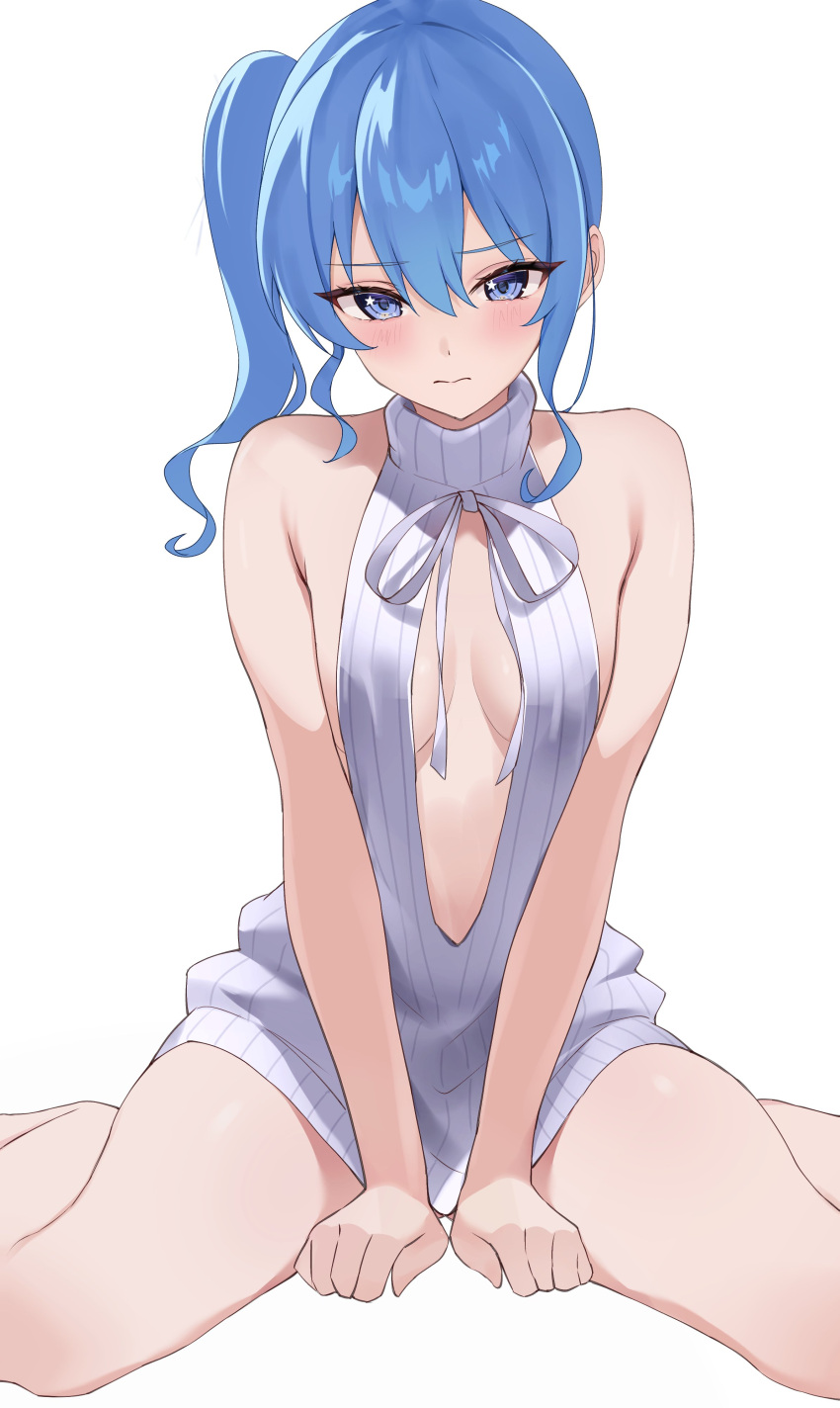 1girl absurdres arms_between_legs bare_shoulders blue_eyes blue_hair blush breasts breasts_apart center_opening closed_mouth cowboy_shot dot_nose fawny furrowed_brow hair_between_eyes highres hololive hoshimachi_suisei legs_apart long_hair looking_at_viewer medium_breasts meme_attire no_pants ribbed_sweater side_ponytail sidelocks simple_background sitting sleeveless sleeveless_sweater solo sweater turtleneck turtleneck_sweater virgin_killer_sweater virtual_youtuber wariza white_background white_sweater