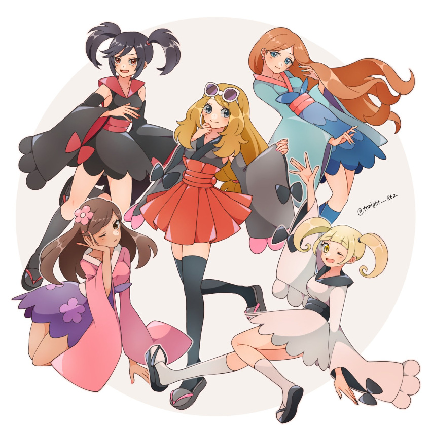 5girls artist_name black_dress black_hair black_socks black_thighhighs blonde_hair blue_eyes brown_hair closed_mouth commentary_request detached_sleeves dress eyewear_on_head furisode_girl_(pokemon) furisode_girl_blossom furisode_girl_kali furisode_girl_katherine furisode_girl_linnea hand_on_own_face highres leaning_back long_hair looking_at_viewer multiple_girls no_headwear one_eye_closed open_mouth pleated_skirt pokemon pokemon_xy rain_(tonight_862) red_eyes red_skirt sandals serena_(pokemon) short_hair skirt smile socks sunglasses thighhighs twintails twitter_username white-framed_eyewear white_socks wide_sleeves yellow_eyes