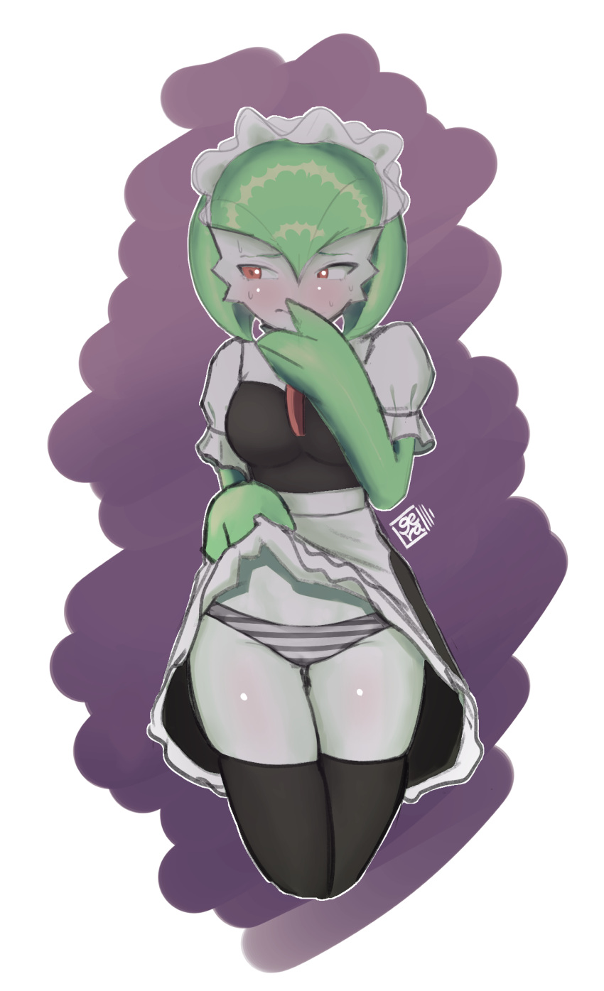 1girl apron artist_name averting_eyes black_dress black_thighhighs blush bob_cut border breasts closed_mouth clothed_pokemon clothes_lift colored_skin commentary cowboy_shot cropped_legs dress dress_lift embarrassed english_commentary flashing gardevoir gera_(frdgera) green_hair green_skin grey_panties hair_between_eyes hands_up highres legs_together lifted_by_self looking_to_the_side maid maid_headdress medium_breasts multicolored_skin outline panties pokemon pokemon_(creature) puffy_short_sleeves puffy_sleeves purple_background raised_eyebrows red_eyes short_dress short_hair short_sleeves shy signature simple_background skindentation solo standing striped_clothes striped_panties sweat thighhighs thighs two-tone_skin underwear waist_apron white_apron white_border white_outline white_skin