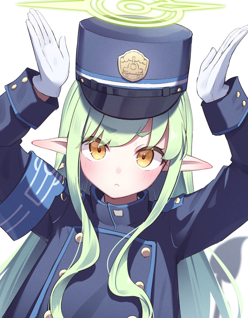 1girl :&lt; absurdres armband arms_up blue_archive blue_armband blue_shirt buttons commentary_request demon_tail double-breasted gloves green_hair green_halo halo hat highlander_sidelocks_conductor_(blue_archive) highres kry_oekk long_hair long_sleeves looking_at_viewer peaked_cap pointy_ears shirt sidelocks simple_background solo tail upper_body white_background white_gloves yellow_eyes