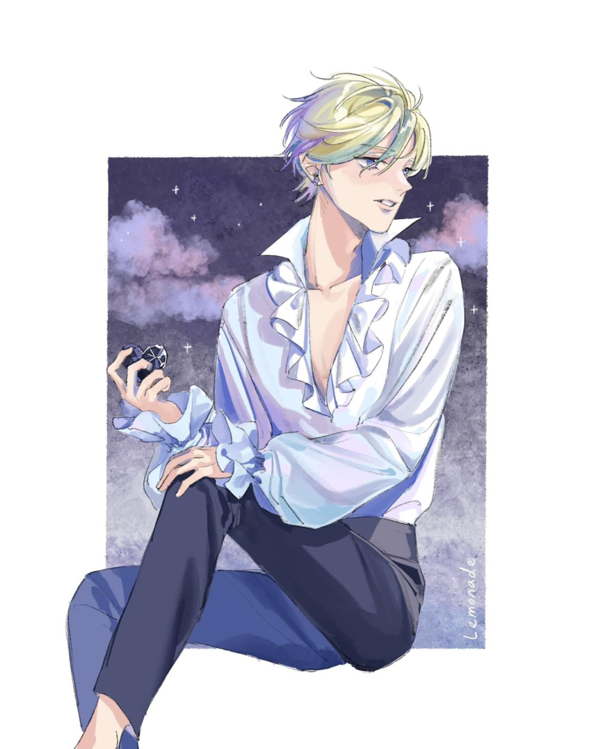1boy black_pants blonde_hair cloud commentary_request earrings frilled_shirt frills heart highres holding holding_heart jewelry looking_to_the_side male_focus night night_sky pants pierre_tempete_de_neige realemonade shirt shirt_tucked_in sitting sky solo sugar_sugar_rune white_shirt