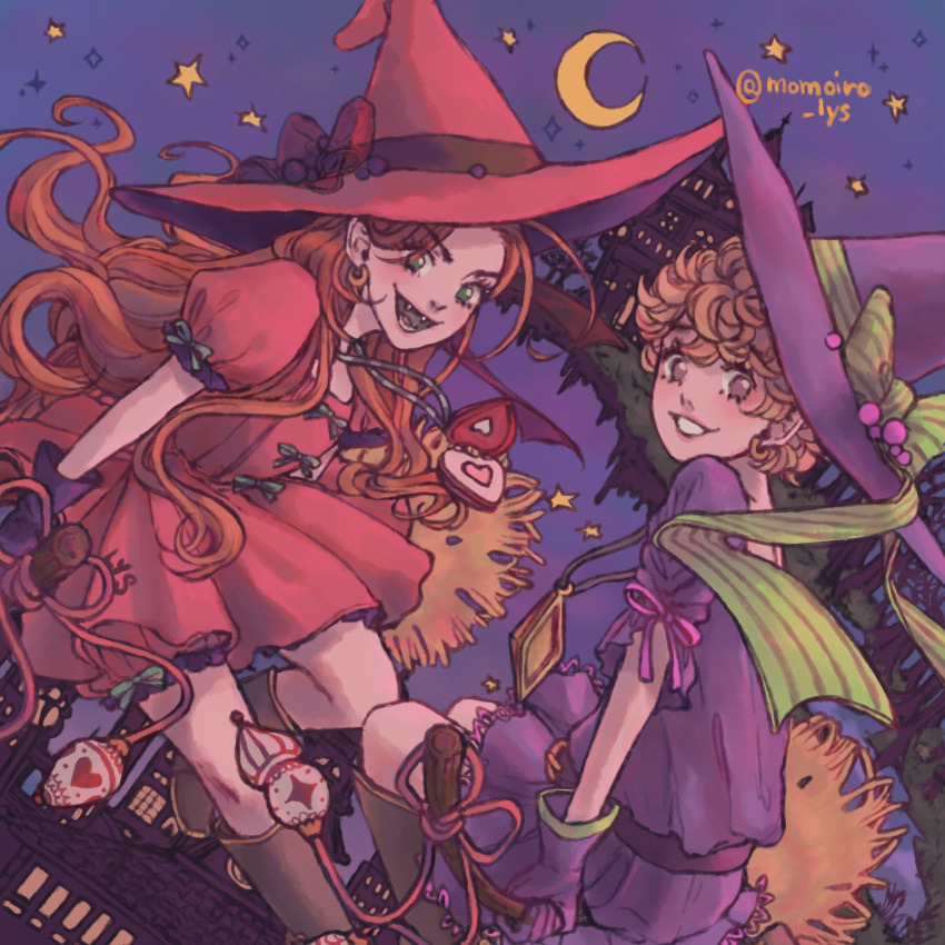 2girls belt blonde_hair bow broom broom_riding chocolat_meilleure diamond_(shape) dress earrings english_commentary fangs floating_hair forest gloves green_bow green_eyes hair_behind_ear hat hat_bow heart_pendant highres jewelry long_hair momoiro_lys moon multiple_girls nature night night_sky orange_hair pink_dress pink_hat pointy_ears puffy_short_sleeves puffy_sleeves purple_dress purple_eyes purple_gloves purple_hat purple_sky short_hair short_sleeves sky smile sugar_sugar_rune twitter_username vanilla_mieux witch witch_hat