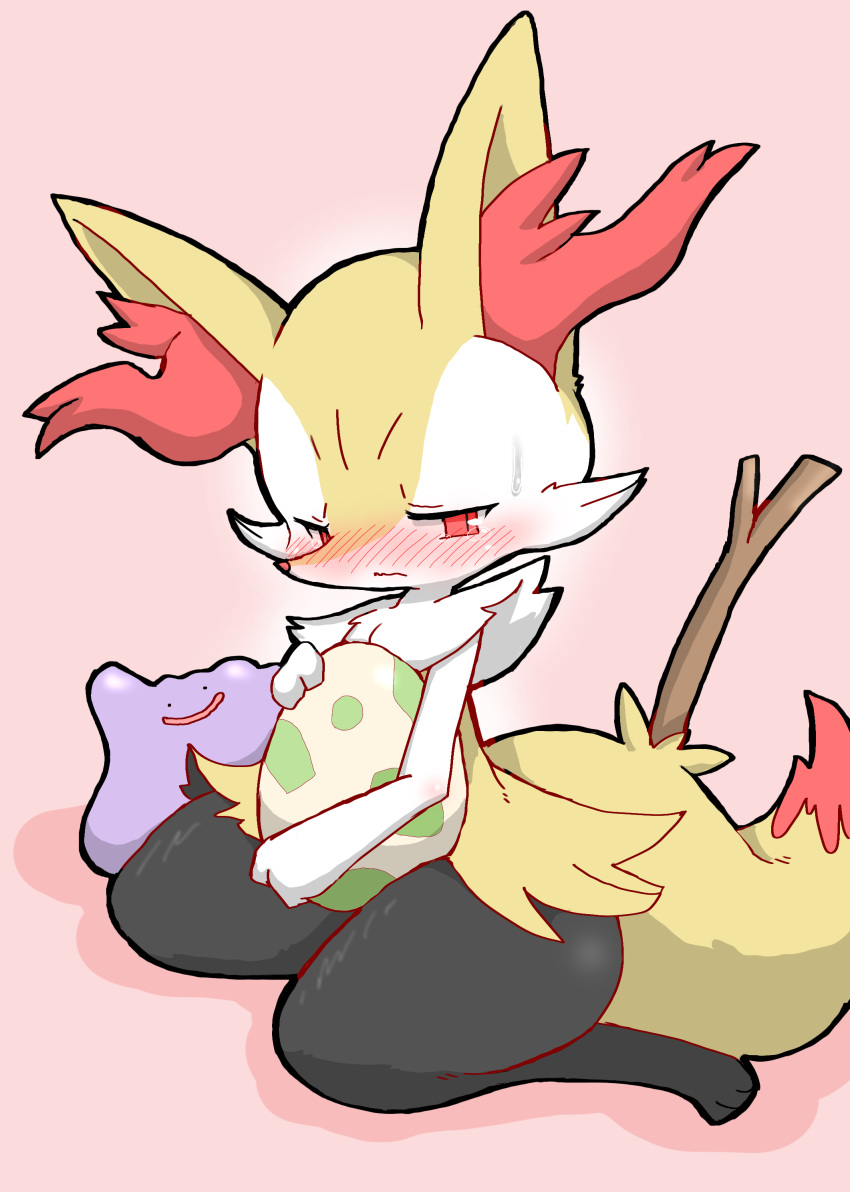 ._. 1girl absurdres animal_ear_fluff animal_ears animal_feet animal_nose averting_eyes black_eyes black_fur blush body_fur botan_(tabon00001942) braixen closed_mouth commentary_request ditto egg embarrassed forehead fox_ears fox_girl fox_tail full_body furry furry_female hand_up happy highres holding holding_egg looking_to_the_side multicolored_fur neck_fur nose_blush open_mouth pink_background pokemon pokemon_(creature) pokemon_egg red_eyes simple_background sitting slime_(creature) smile snout solo_focus stick sweat tail tears textless_version thick_thighs thighs wariza white_fur yellow_fur