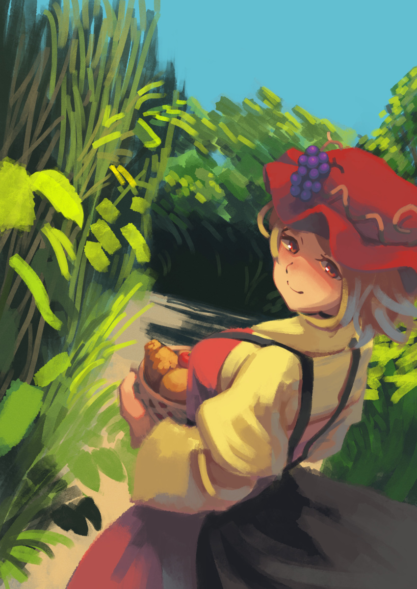 1girl aki_minoriko apple basket blonde_hair blue_sky closed_mouth commentary dress field food fruit fujimi_nao grapes hat highres holding holding_basket long_sleeves looking_at_viewer looking_back mob_cap outdoors red_apple red_eyes red_hat short_hair sky smile solo touhou yellow_dress