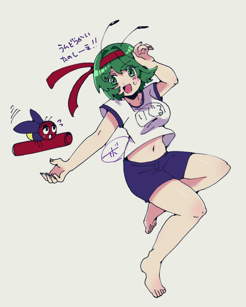 1girl antennae bare_legs barefoot blue_shorts bobotatamu breasts bug commentary_request firefly full_body green_eyes green_hair gym_shirt gym_shorts gym_uniform headband highres medium_breasts midriff navel open_mouth red_headband shirt short_hair short_sleeves shorts simple_background solo sweatdrop toes touhou translation_request white_background wriggle_nightbug