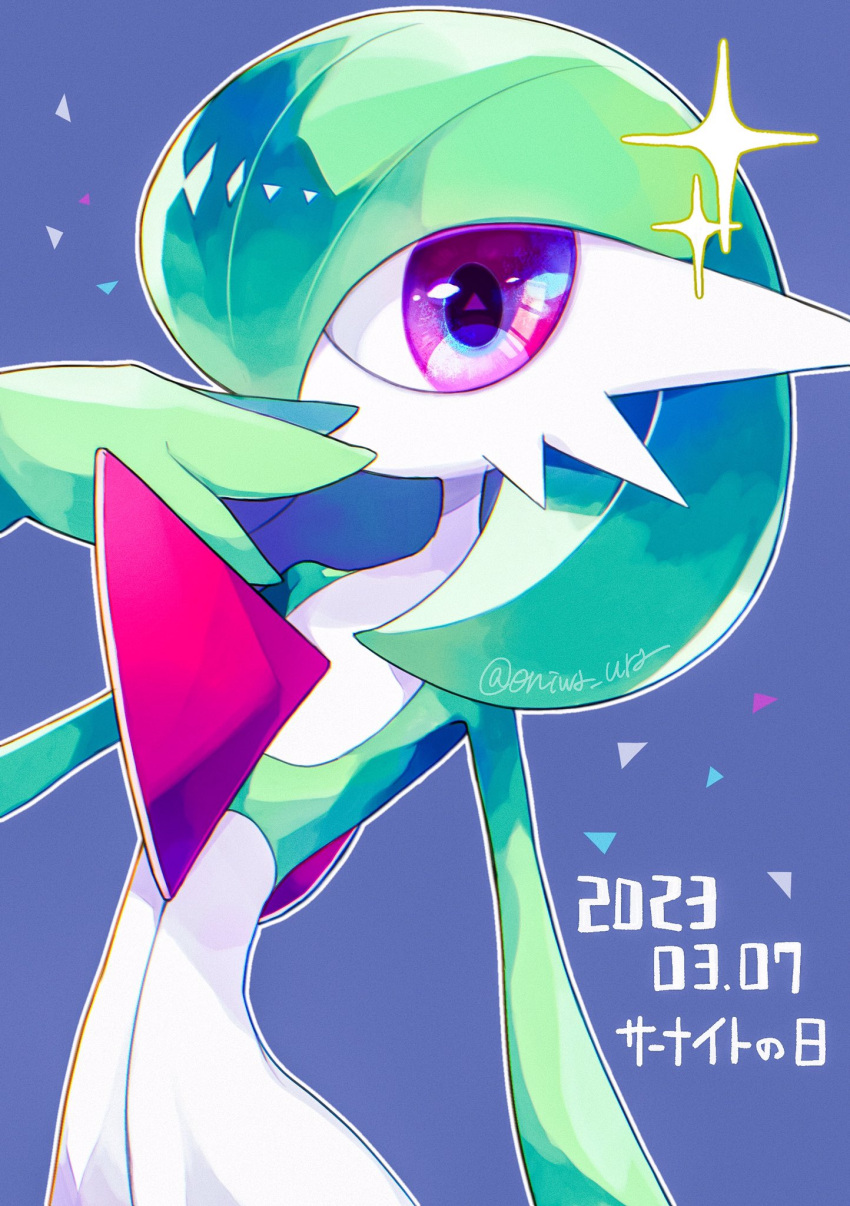 artist_name blue_background bob_cut colored_skin covering_own_mouth dress gardevoir gardevoir_day green_hair hand_over_own_mouth highres looking_at_viewer multicolored_skin pink_eyes pokemon pokemon_(creature) reira_(r-suoh) simple_background sparkle two-tone_skin white_dress white_skin
