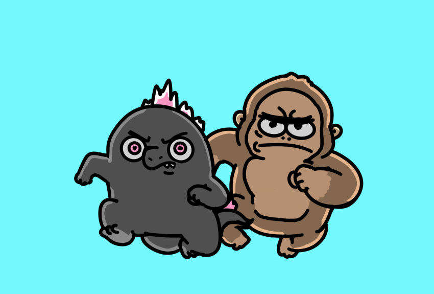 3_toes 4_fingers affea angry ape black_body brown_body chibi cyan_background duo eyebrows feet fingers godzilla godzilla_(series) godzilla_vs._kong gorilla haplorhine hi_res kaiju king_kong male mammal pink_body pink_eyes pink_scales primate running scales simple_background tail teeth toes toho unibrow