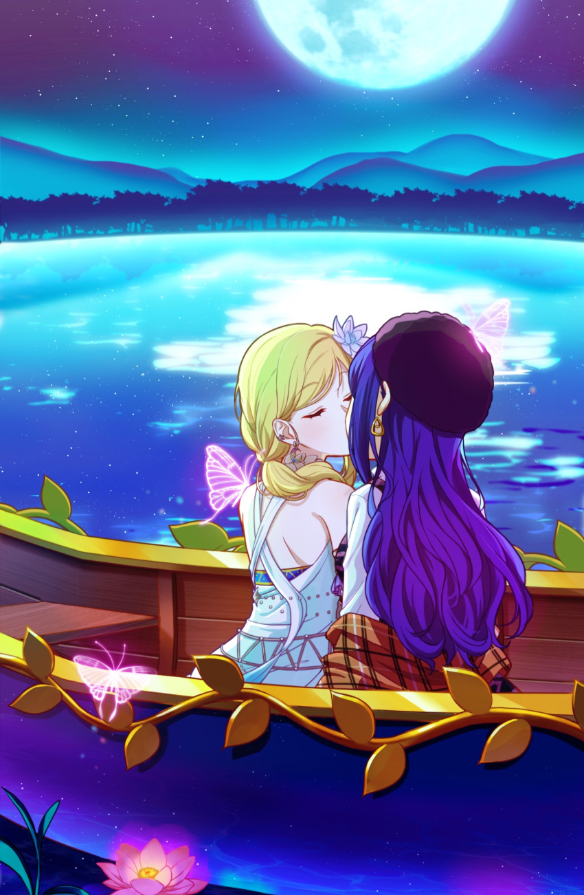 2girls absurdres black_hat blonde_hair bug butterfly canoe closed_eyes commentary dress earrings forest highres jewelry kiss lake long_hair love_live! love_live!_sunshine!! matsuura_kanan moon mountainous_horizon multiple_girls nature night nyasa ohara_mari outdoors pink_butterfly plaid plaid_scarf ponytail purple_hair scarf shirt sitting sky sleeveless sleeveless_dress star_(sky) starry_sky water white_dress white_shirt yuri