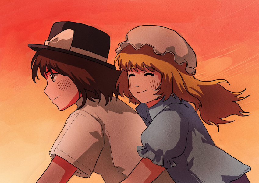 2girls blonde_hair blue_shirt brown_eyes brown_hair closed_eyes dorupi dusk fedora hat highres hug hug_from_behind long_hair maribel_hearn mob_cap multiple_girls neo-traditionalism_of_japan puffy_short_sleeves puffy_sleeves purple_skirt shirt short_hair short_sleeves skirt smile touhou upper_body usami_renko white_shirt wind