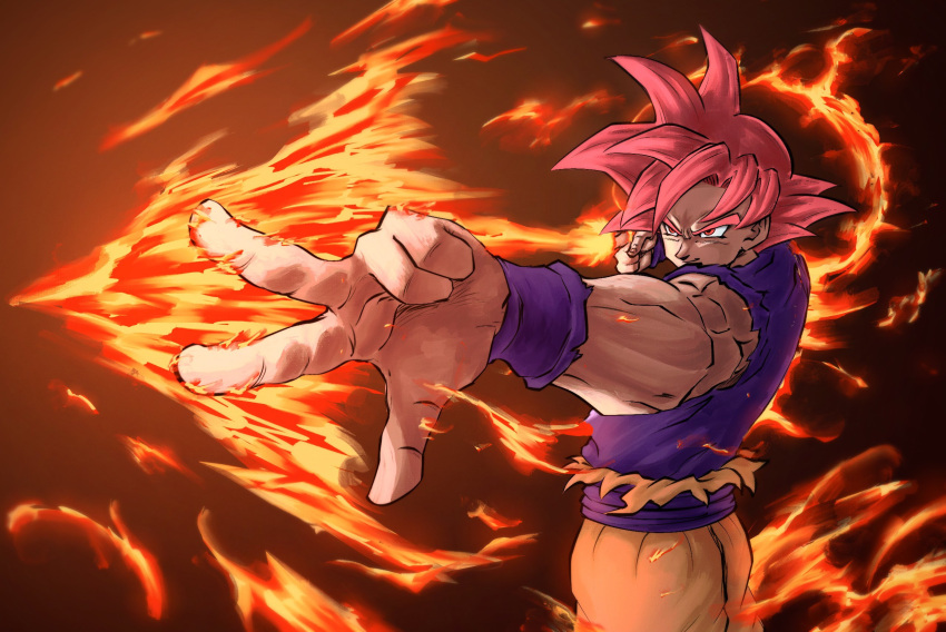 1boy cowboy_shot derivative_work dougi dragon_ball dragon_ball_super forearms foreshortening highres jujutsu_kaisen looking_to_the_side male_focus outstretched_arm powering_up red_eyes red_hair screencap_redraw short_hair solo son_goku spiked_hair standing super_saiyan super_saiyan_god sydoria