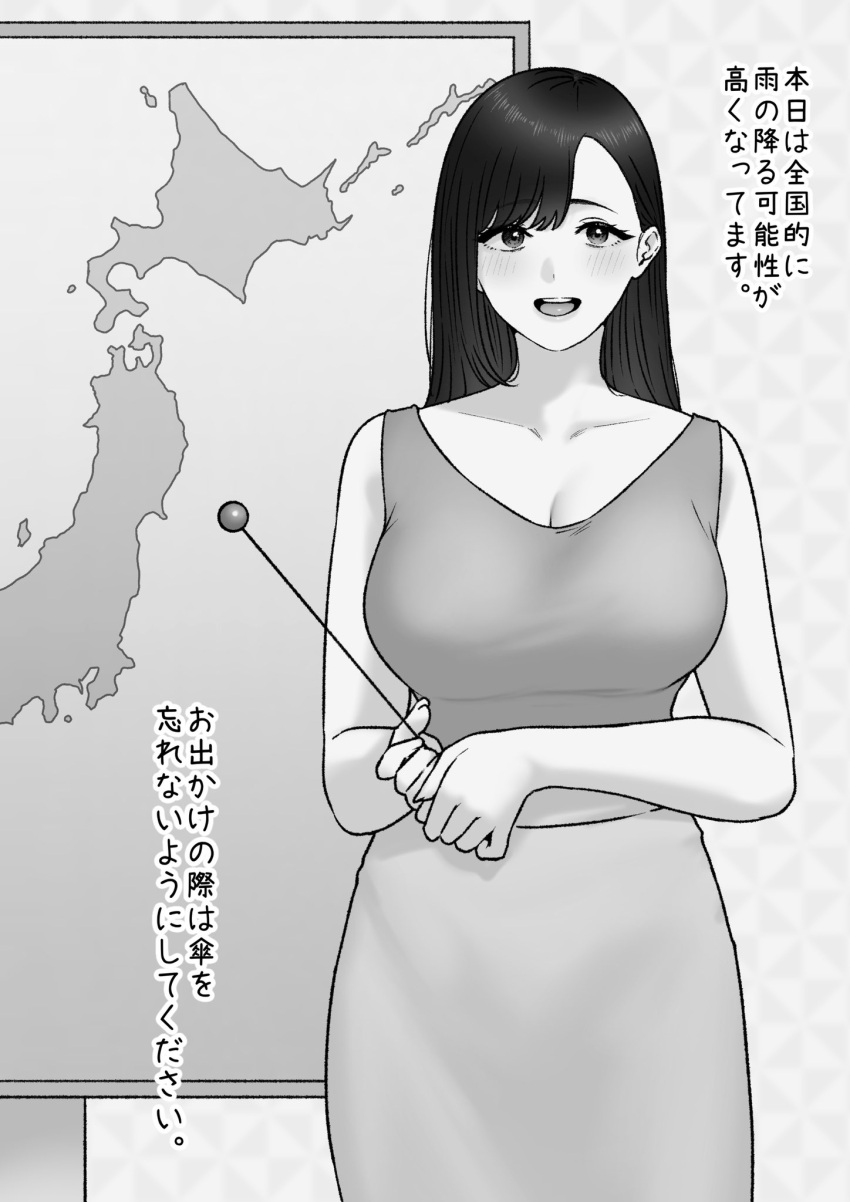 1girl blush breasts cleavage collarbone dress greyscale highres holding japan large_breasts long_hair map monochrome open_mouth original sleeveless sleeveless_dress solo tantanmen72 translation_request weathergirl