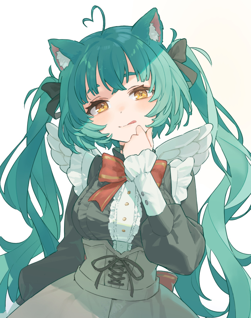 1girl :q ahoge angel_wings animal_ears aqua_hair black_bow black_choker black_ribbon black_shirt bow bowtie cat_ears cat_girl choker closed_mouth commission girl_dm grey_skirt hair_bow hand_to_own_mouth heart heart_ahoge high_collar highres light_blush long_hair long_sleeves looking_at_viewer mini_wings multiple_hair_bows original puffy_sleeves red_bow red_bowtie ribbon shirane_rine shirt simple_background skeb_commission skirt solo tongue tongue_out twintails upper_body very_long_hair virtual_youtuber white_background wings yellow_eyes