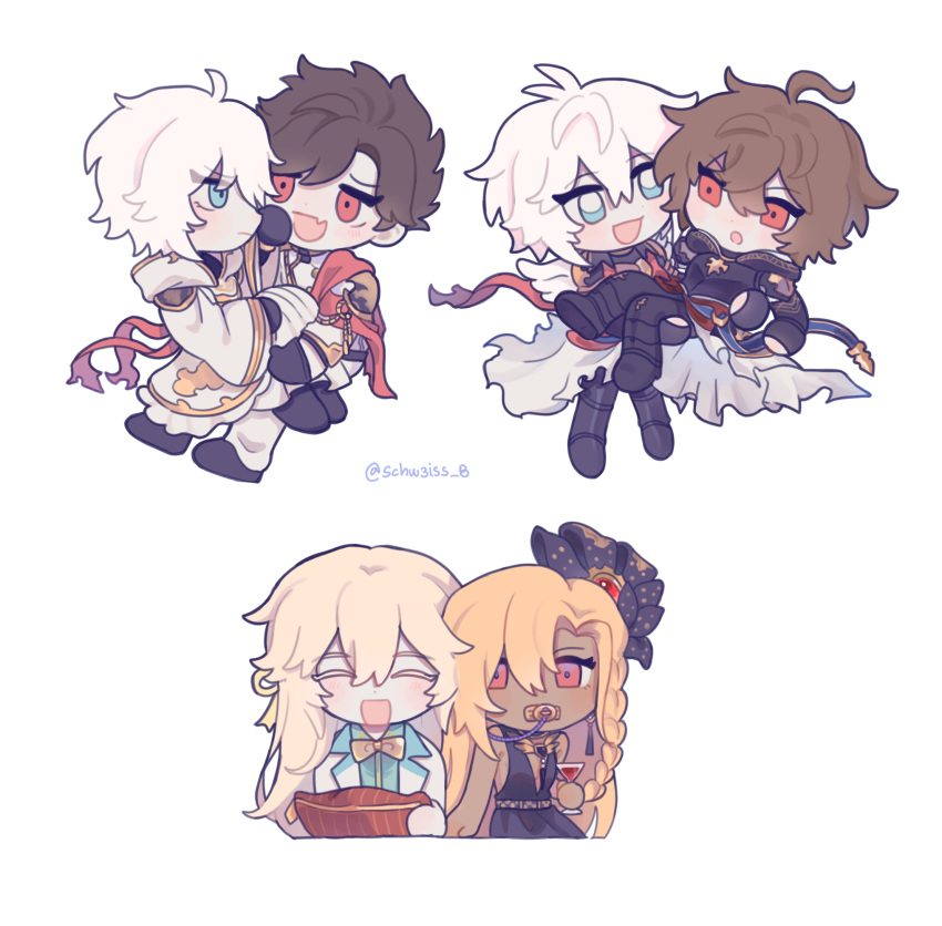 1girl 5boys :d :o ahoge annoyed belial_(granblue_fantasy) belt black_dress blonde_hair blue_belt blue_eyes blush braid brown_hair cape carrying chibi chibi_only closed_eyes commentary cup dark-skinned_female dark_skin dress drinking_glass fang fingerless_gloves gloves granblue_fantasy hair_between_eyes hair_ornament helel_ben_sahar_(granblue_fantasy) helel_ben_shalem highres hood hood_down implied_yaoi light long_hair looking_at_another lucilius_(granblue_fantasy) messy_hair military_uniform multiple_boys official_alternate_costume pacifier princess_carry red_eyes red_wine robe sandalphon_(granblue_fantasy) schw3iss_b short_hair single_braid sitting sitting_on_lap sitting_on_person smile suit symbol-only_commentary twitter_username uniform white_background white_cape white_hair white_robe wine_glass