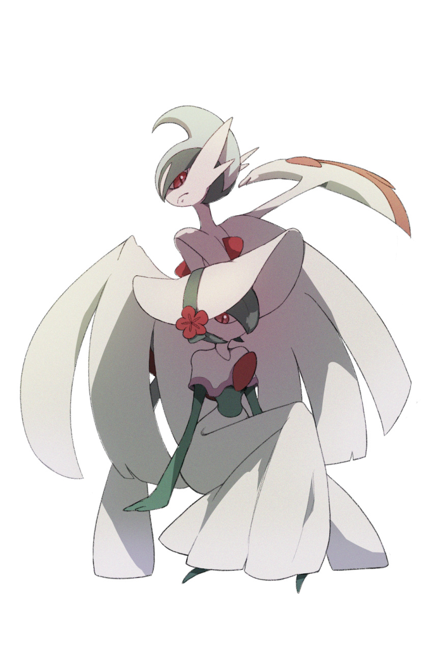 1boy 1girl arm_blade arm_up arms_at_sides blue_hair bob_cut bonnet capelet closed_mouth colored_skin commentary_request crossed_legs flat_chest flower from_behind full_body gallade gardevoir gardevoir_(fashionable) green_hair green_skin hair_over_one_eye hat hat_flower highres looking_at_viewer looking_back mega_gallade mega_pokemon minami_(fsubqki_gh0st) mohawk multicolored_hair multicolored_skin no_mouth one_eye_covered pink_trim pokemon pokemon_(creature) pokemon_unite protecting red_eyes red_flower short_hair sideways_mouth simple_background sitting standing two-tone_hair two-tone_skin weapon white_background white_capelet white_hat white_skin