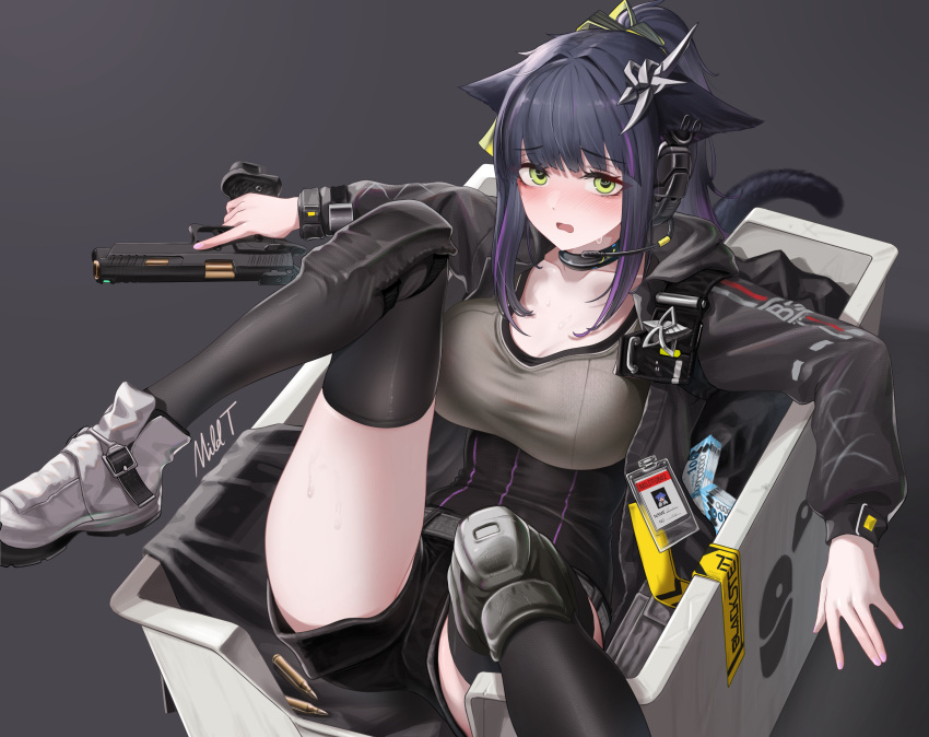 1girl animal_ears arknights black_choker black_hair black_thighhighs breasts cat_ears cat_tail choker cleavage commentary green_eyes grey_background grey_footwear grey_shirt gun handgun highres holding holding_gun holding_weapon jessica_(arknights) jessica_the_liberated_(arknights) large_breasts long_hair looking_at_viewer mildt open_mouth shirt shoes simple_background solo tail thighhighs weapon