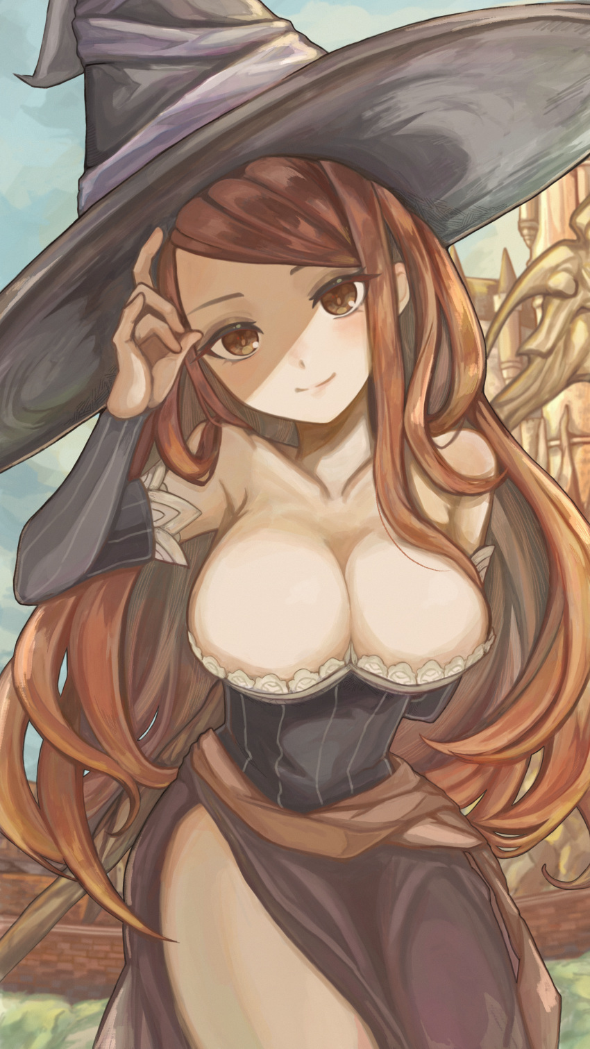 1girl absurdres arm_behind_back bare_shoulders black_hat black_shirt black_sleeves breasts brown_eyes brown_sash cleavage closed_mouth collarbone detached_sleeves dragon's_crown hand_up hat highres large_breasts long_hair looking_at_viewer netugen33 orange_hair purple_skirt sash shirt side_slit skirt smile solo sorceress_(dragon's_crown) split_mouth staff striped_clothes striped_shirt striped_sleeves vertical-striped_clothes vertical-striped_shirt vertical-striped_sleeves very_long_hair witch_hat