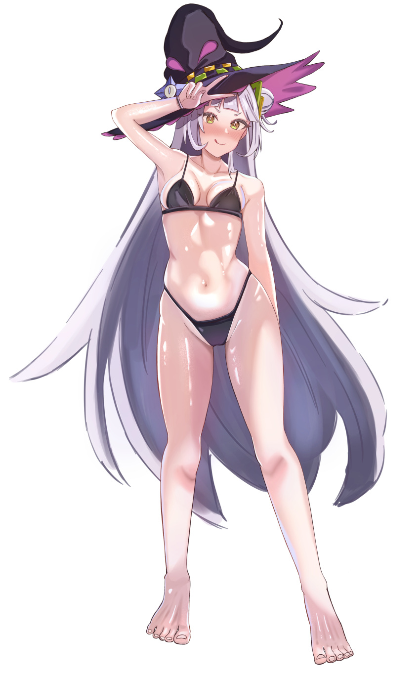 1girl absurdres barefoot bikini black_bikini black_hat blunt_bangs blush breasts commentary full_body grey_hair hair_bun hat highres hololive long_hair looking_at_viewer murasaki_shion nose_blush simple_background single_side_bun small_breasts solo swimsuit tongue tongue_out v virtual_youtuber white_background witch_hat yellow_eyes yusuharamochi