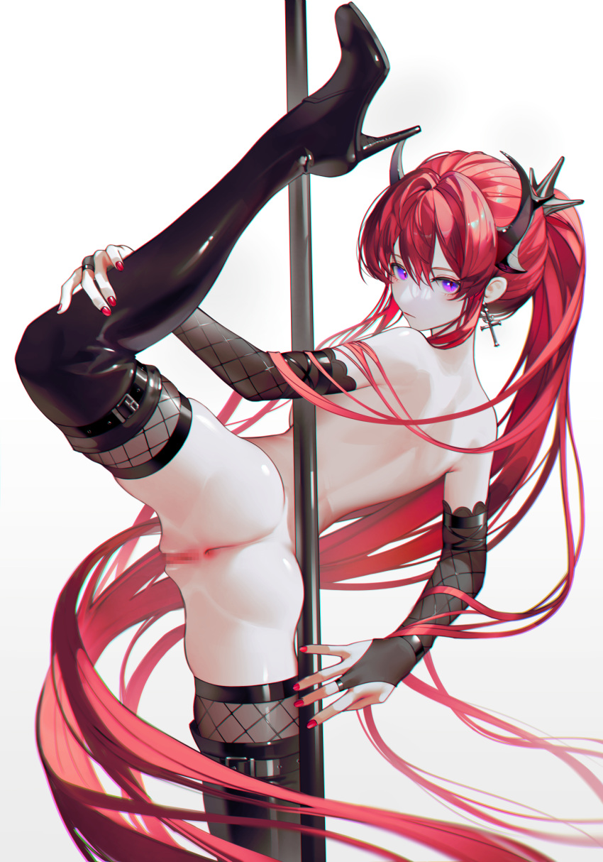 1girl anus arknights ass back boots cropped_legs cross cross_earrings double-parted_bangs earrings high_heels highres horns iumu jewelry long_hair looking_at_viewer pole_dancing ponytail purple_eyes pussy red_hair red_nails sidelocks spread_legs stiletto_heels surtr_(arknights) thigh_boots turning_head very_long_hair white_background