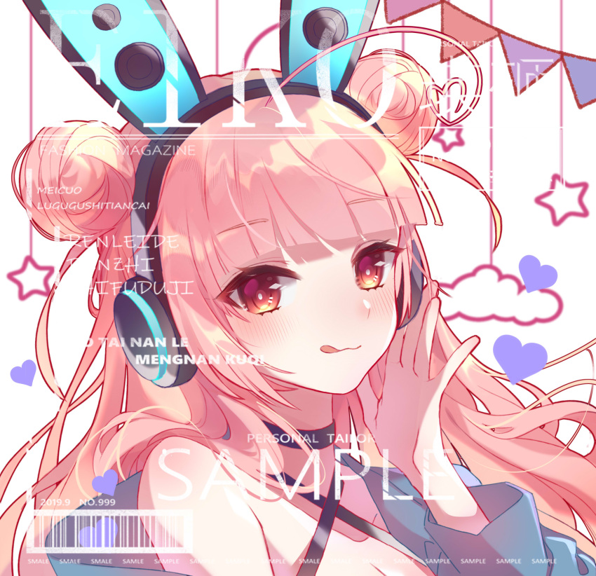 1girl :q akira_(ying) animal_ear_headphones animal_ears bare_shoulders black_choker blue_jacket blush choker closed_mouth copyright_request cover cover_page criss-cross_halter double_bun fake_animal_ears hair_bun halterneck hand_up headphones highres jacket long_hair long_sleeves looking_at_viewer off_shoulder pennant pink_hair puffy_long_sleeves puffy_sleeves rabbit_ear_headphones rabbit_ears red_eyes sample_watermark simple_background smile solo string_of_flags tongue tongue_out translation_request upper_body watermark white_background