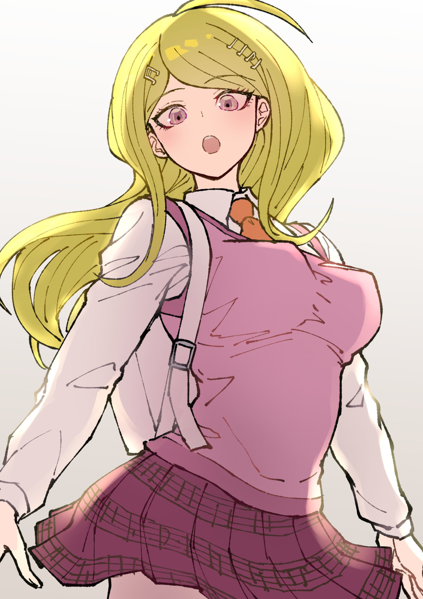 1girl :o absurdres ahoge akamatsu_kaede backpack bag blonde_hair breasts collared_shirt cowboy_shot danganronpa_(series) danganronpa_v3:_killing_harmony grey_shirt hair_ornament highres large_breasts long_hair long_sleeves miniskirt musical_note musical_note_hair_ornament musical_note_print necktie orange_necktie pink_eyes pink_skirt pink_sweater_vest pleated_skirt shirt skirt solo sweater_vest teeth upper_teeth_only youko-shima