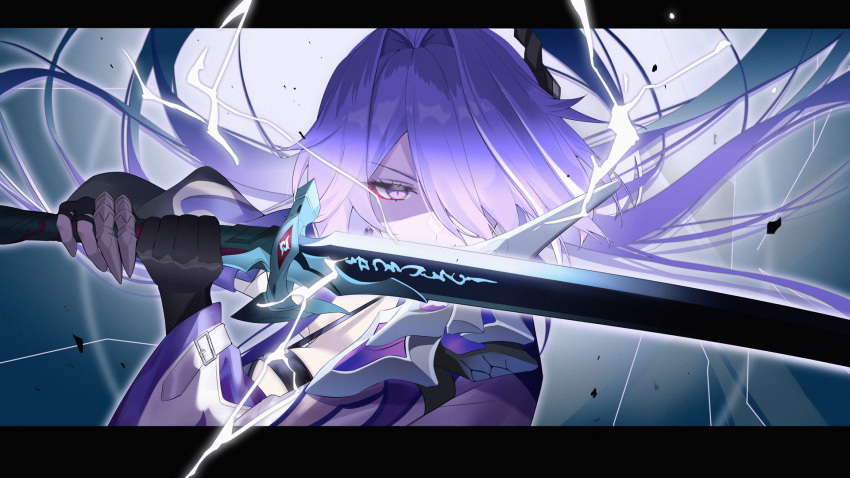 1girl acheron_(honkai:_star_rail) black_gloves commentary_request gloves hair_intakes hair_over_one_eye highres holding holding_sword holding_weapon honkai:_star_rail honkai_(series) katana letterboxed long_hair looking_at_viewer multicolored_hair purple_eyes purple_hair solo srpzk streaked_hair sword upper_body weapon white_hair