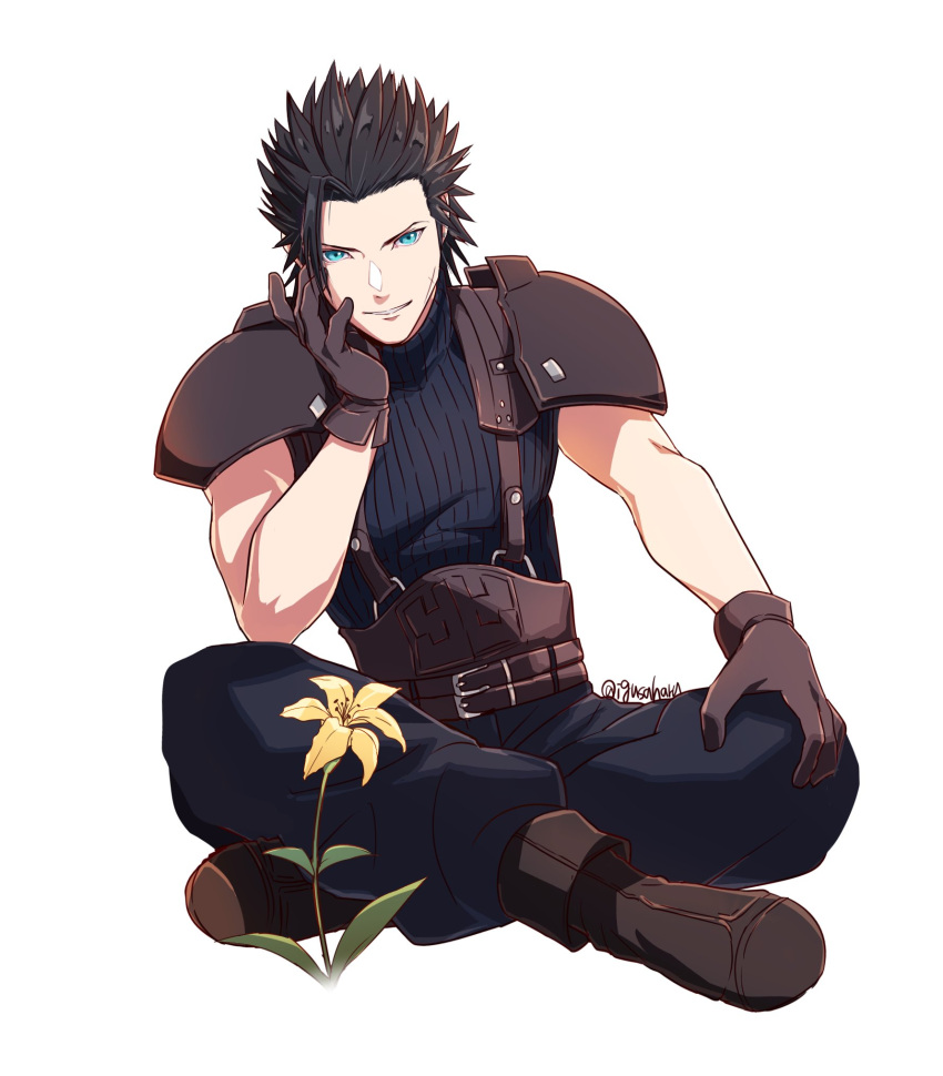 1boy armor baggy_pants black_footwear black_gloves black_hair blue_eyes boots crisis_core_final_fantasy_vii final_fantasy final_fantasy_vii final_fantasy_vii_rebirth final_fantasy_vii_remake flower full_body gloves hair_slicked_back highres igusaharu indian_style looking_at_viewer male_focus pants parted_lips ribbed_sweater scar scar_on_cheek scar_on_face short_hair shoulder_armor sitting sleeveless sleeveless_turtleneck solo spiked_hair suspenders sweater turtleneck turtleneck_sweater white_background yellow_flower zack_fair