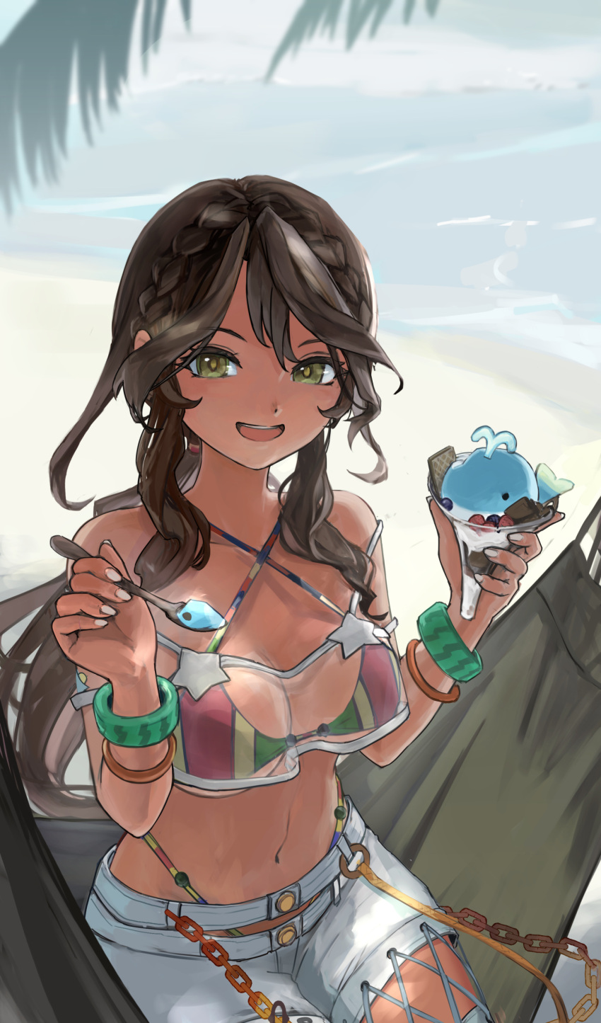 1girl absurdres andromeda_(fate) andromeda_(second_ascension)_(fate) beach bikini bikini_under_clothes braid breasts brown_hair chain cup day fate/grand_order fate_(series) fingernails food green_eyes hammock hands_up highres holding holding_cup holding_spoon ice_cream long_hair looking_at_viewer medium_breasts multicolored_bikini multicolored_clothes navel official_alternate_costume open_mouth outdoors parted_bangs paserin_ekaku ponytail sand short_shorts shorts sitting smile solo spoon stomach sundae swimsuit tan very_long_hair waffle water wristlet