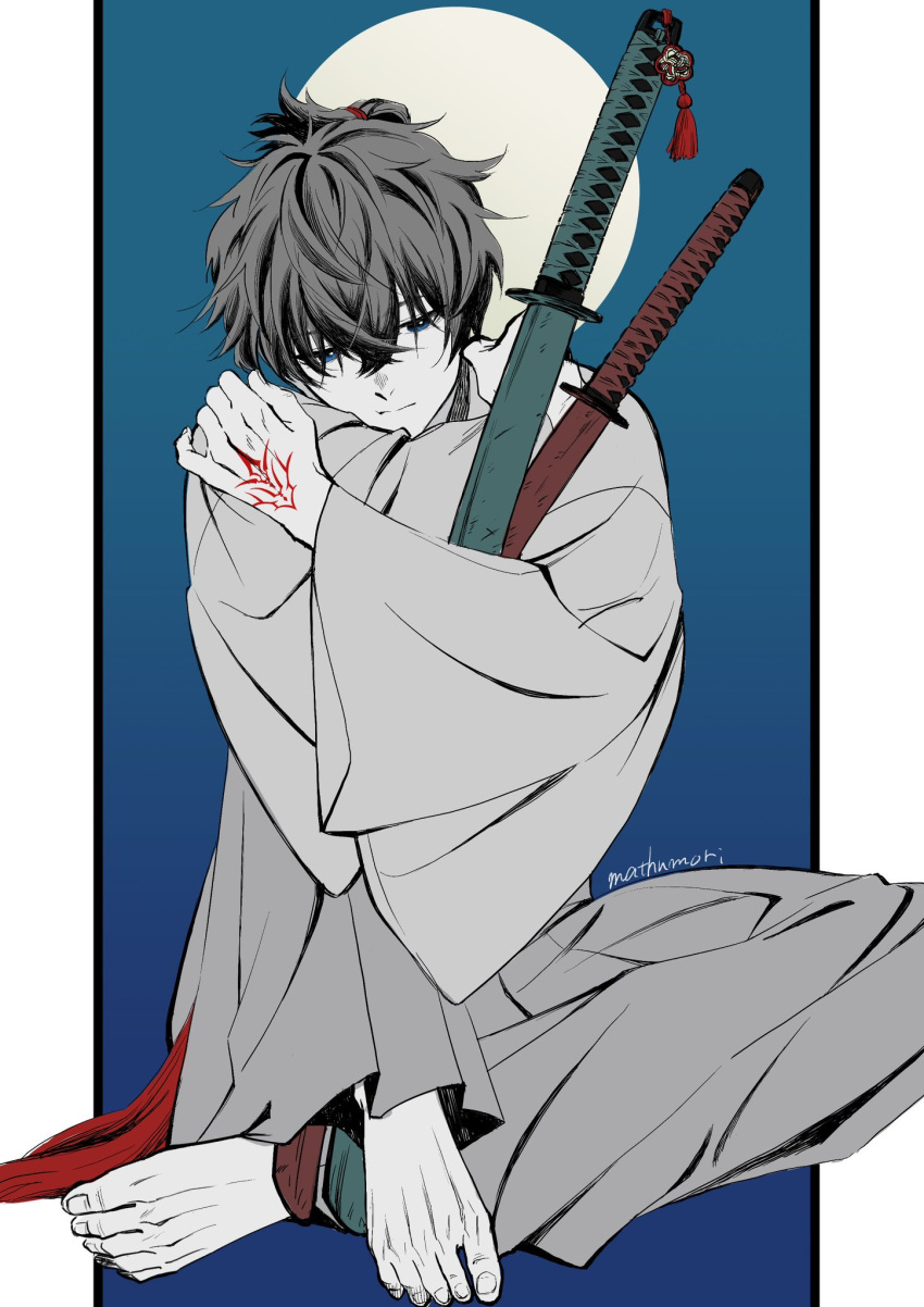 1boy barefoot command_spell fate/samurai_remnant fate_(series) greyscale hakama highres hugging_object hugging_own_legs japanese_clothes katana kimono knee_up miyamoto_iori_(fate) monochrome moon outside_border partially_colored seikoukaze12 sheath sheathed simple_background sitting solo sword topknot weapon