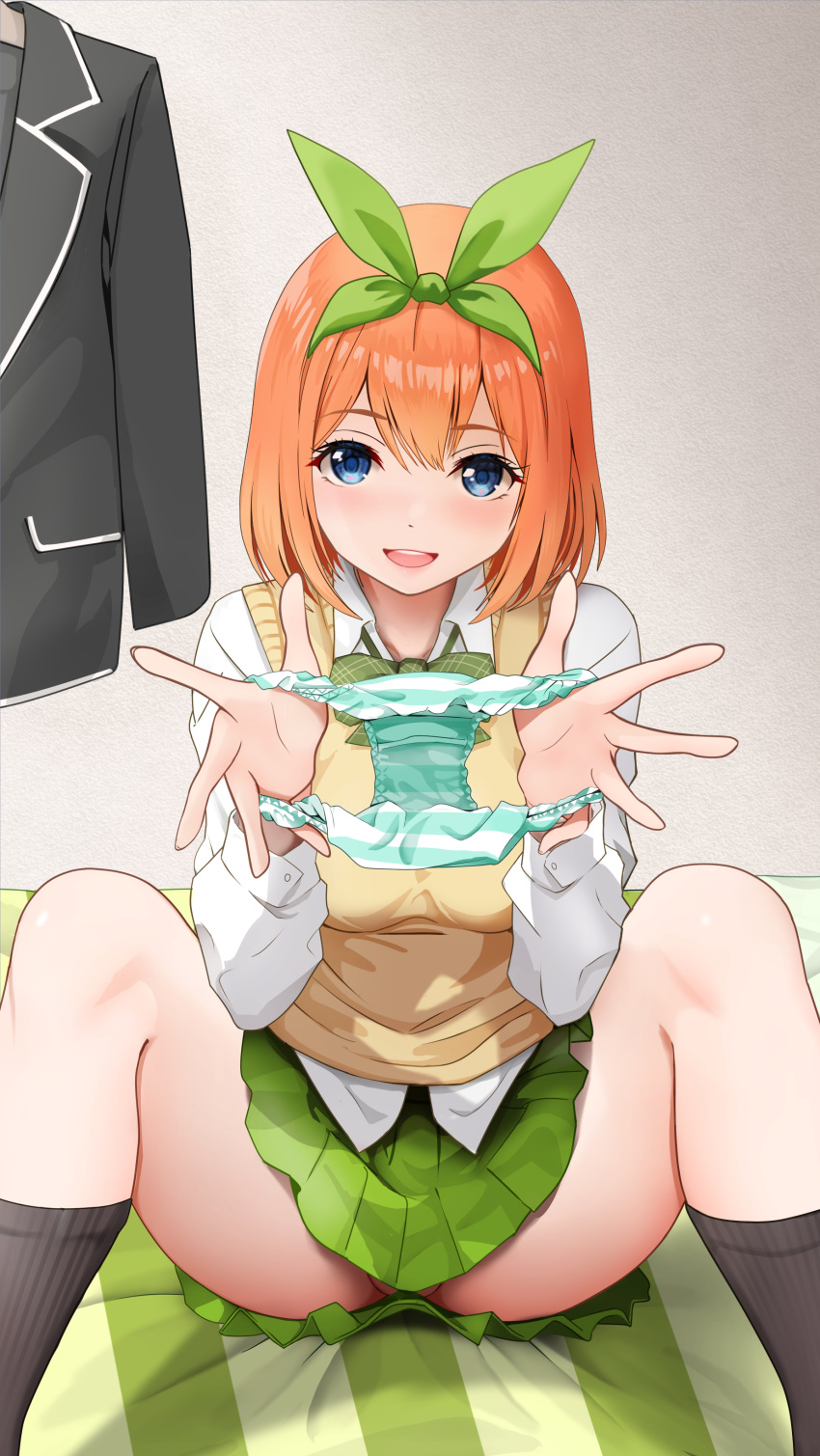 1girl absurdres bed gibun_(sozoshu) go-toubun_no_hanayome highres holding holding_clothes holding_panties holding_underwear m_legs nakano_yotsuba panties presenting_removed_panties solo spread_legs underwear