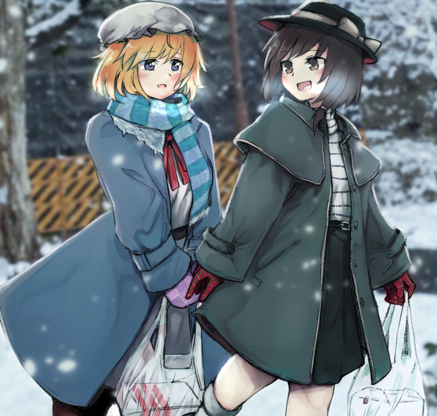 2girls bag black_skirt blonde_hair blue_scarf brown_eyes brown_hair coat feet_out_of_frame ginnkei hat jacket maribel_hearn mittens mob_cap multiple_girls pink_mittens plastic_bag purple_coat purple_eyes red_mittens scarf skirt snow snowing striped_clothes striped_sweater sweater touhou two-tone_scarf usami_renko winter winter_clothes winter_coat