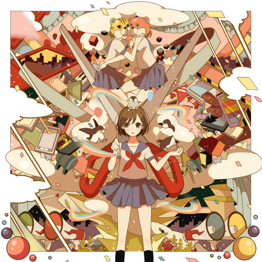 3girls animal_on_head bird blue_skirt holding holding_pencil mask megaphone multiple_girls neckerchief on_head open_mouth original pencil penguin rainbow red_neckerchief school_uniform scissors serafuku skirt socks star_(symbol) sunaya traffic_cone weighing_scale