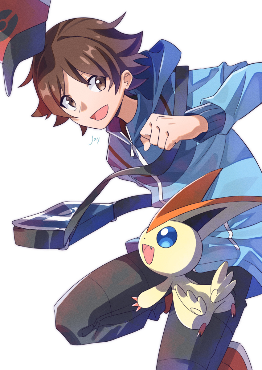 1boy :d absurdres bag black_pants blue_bag blue_eyes blue_jacket brown_eyes brown_hair clenched_hand fang highres hilbert_(pokemon) jacket jayj_824 male_focus open_mouth pants poke_ball_print pokemon pokemon_(creature) pokemon_bw print_headwear red_hat short_hair shoulder_bag simple_background smile standing standing_on_one_leg victini white_background